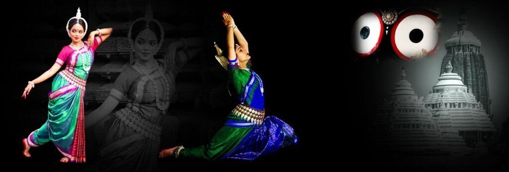 Odissi Academy banner featuring traditional Odissi dancers, event details, and cultural motifs